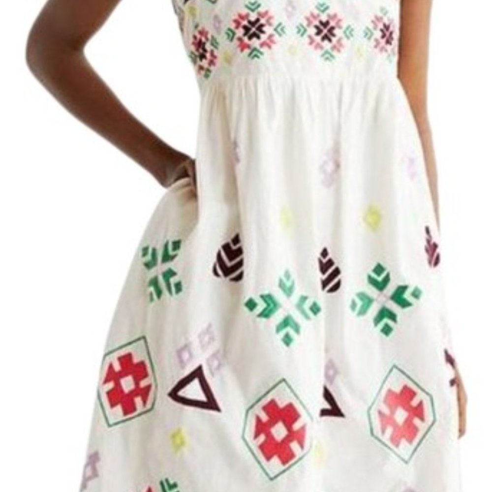 Anthropologie White Dolly Aztec Embroidered A-line Dress Large